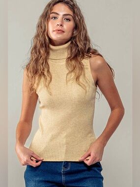 Sleeveless Turtleneck Ribbed Knit Sweater - Cream
